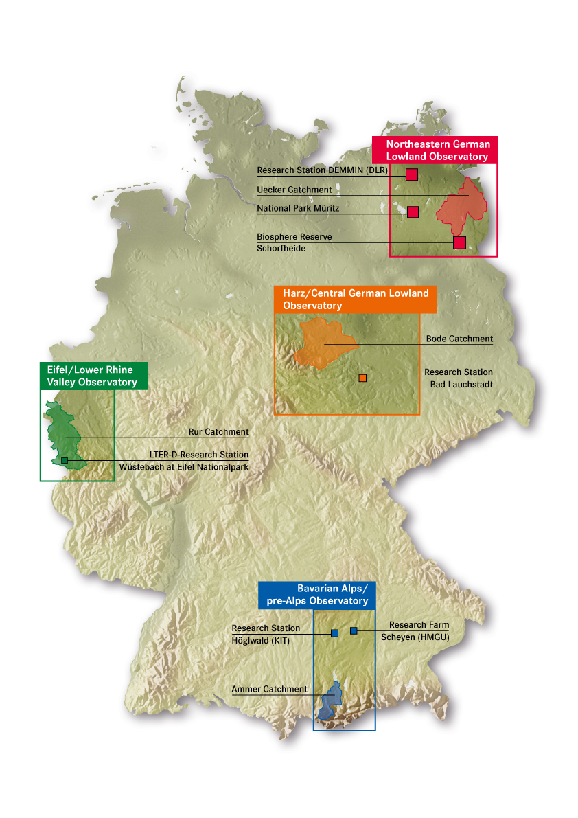 Map of Germany, indicating locations of the four TERENO observatories (Zacharias et al. 2001. A network of terrestrial environmental observatories in Germany. Vadose Zone Journal 10:955-973)